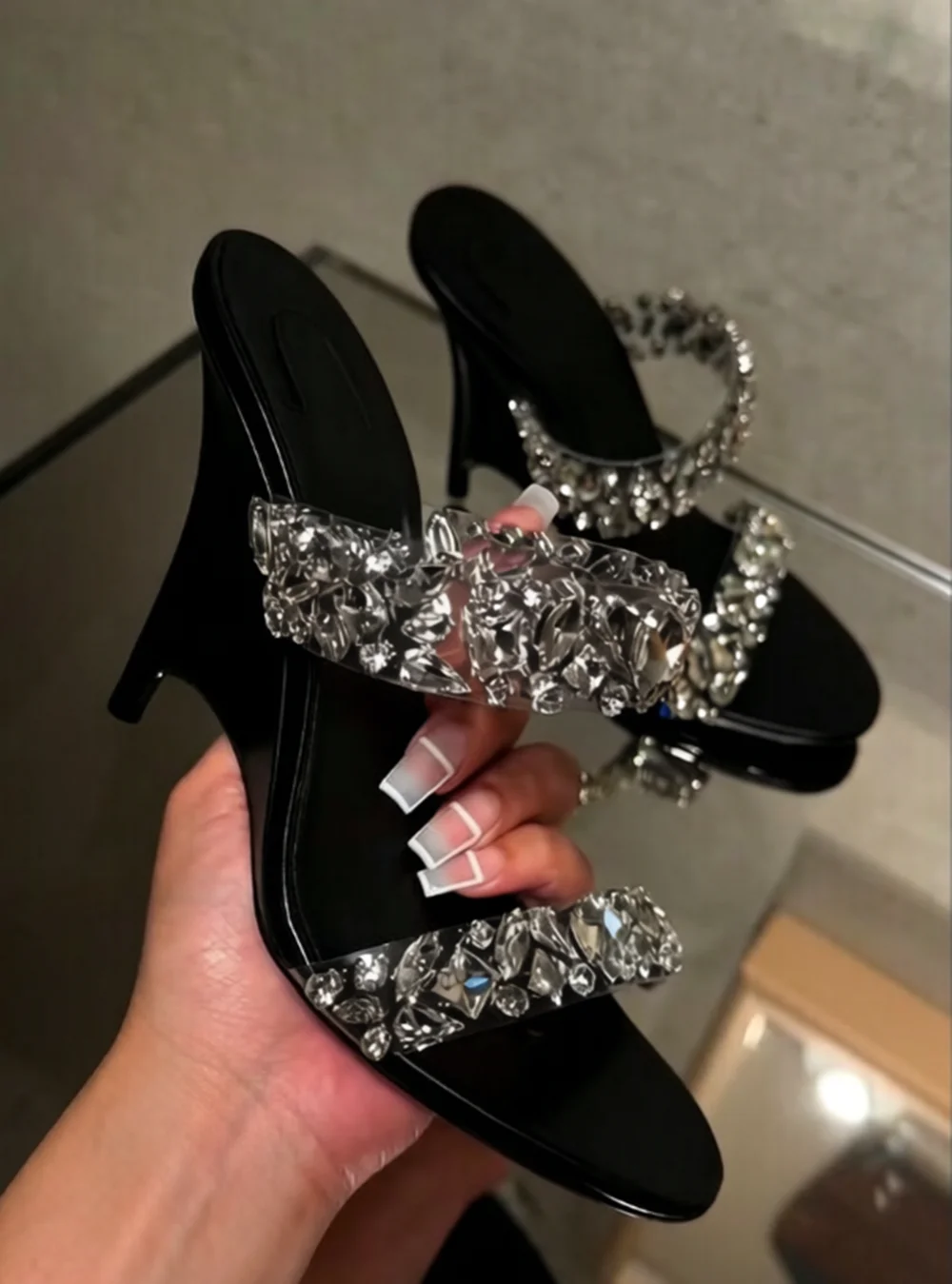Crystal Embellished Wedge Heel Sandals Round Open-Toe Multi-Shape Diamante Strap Curved High Wedge Sole Minimal Slip-On Style