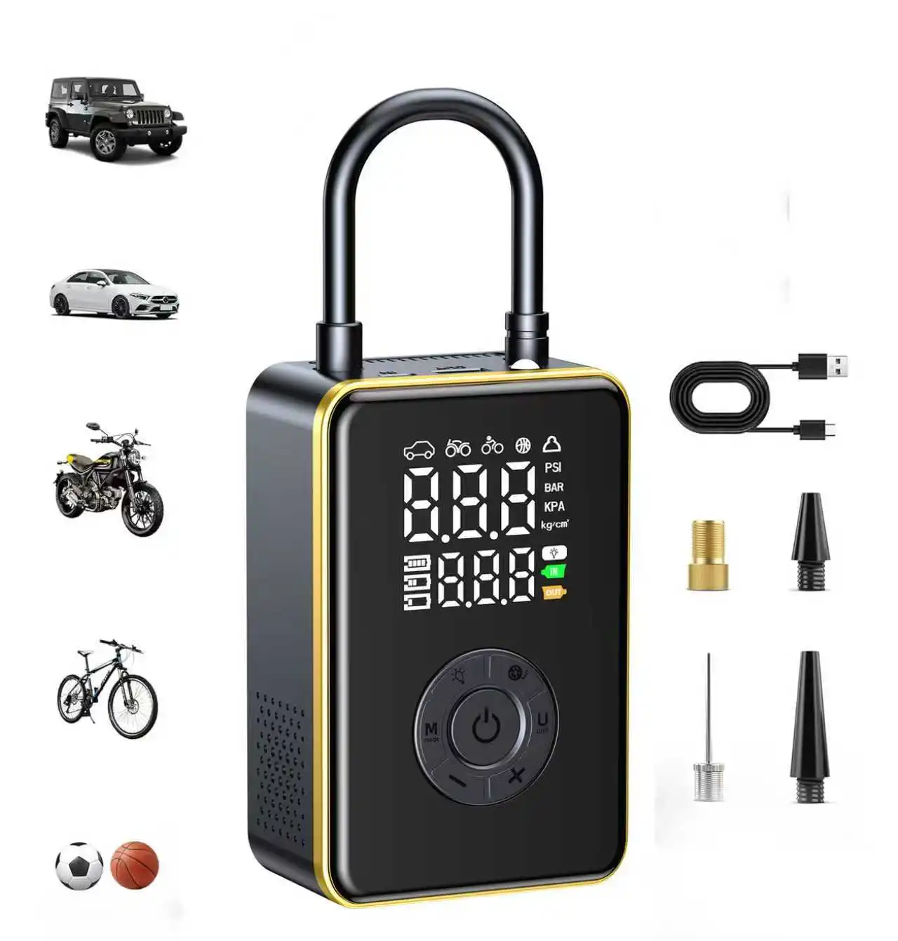 

Портативный воздушный компрессор для накачивания шин, 150 фунтов на квадратный дюйм, беспроводной мини-велосипедный насос для шин, воздушный насос для автомобиля с манометром, светодиодная подсветка