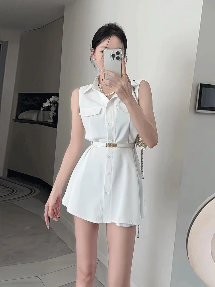 

Slimming Effect Summer Collar Sister Sle Design Svel Waist Cinching irt Dr with Belt High Waist A-Line Skirt