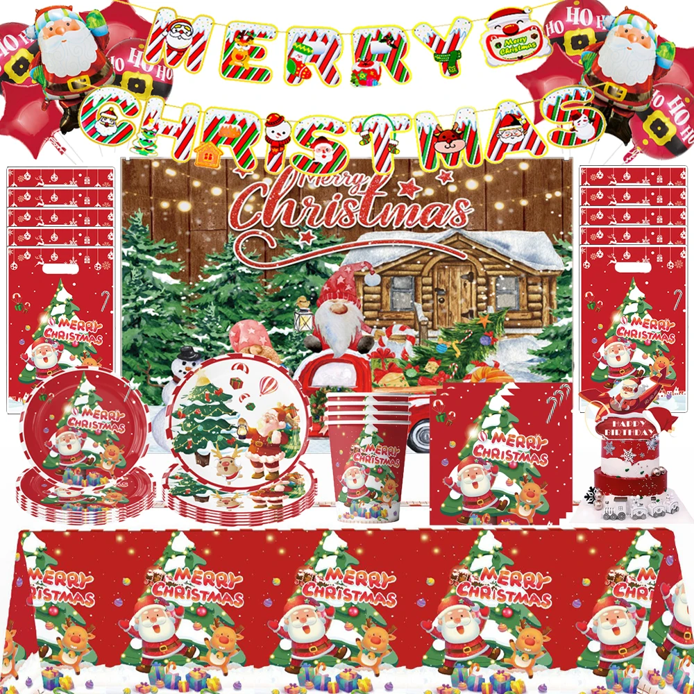 

Christmas themed party paper trays, cups, tissues, tableware, red Santa Claus, snowman party supplies, decoration package