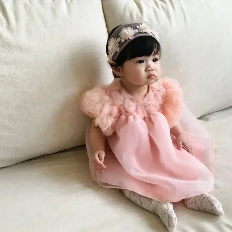 

Korean Style Summer Baby Girl Princess Dress Round Collar Puff Sleeve Floral Mesh Patchwork Dress Kid Photography Clothes E22010