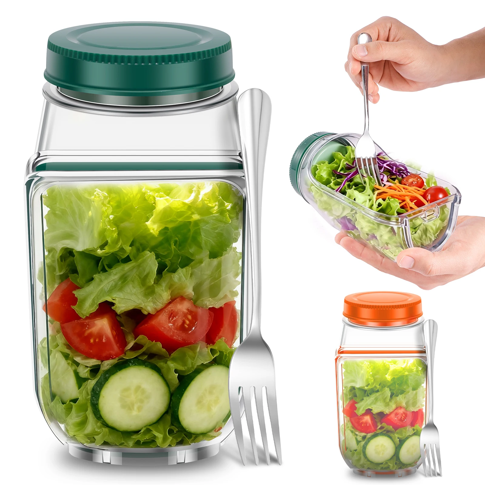 Contenedor de Ensaladas Hermético de Plástico con Tapa de Apertura Lateral, Contenedor de Ensaladas en Capas, Portátil, para Almacenar Frutas y Desayunos, Ideal para Picnic