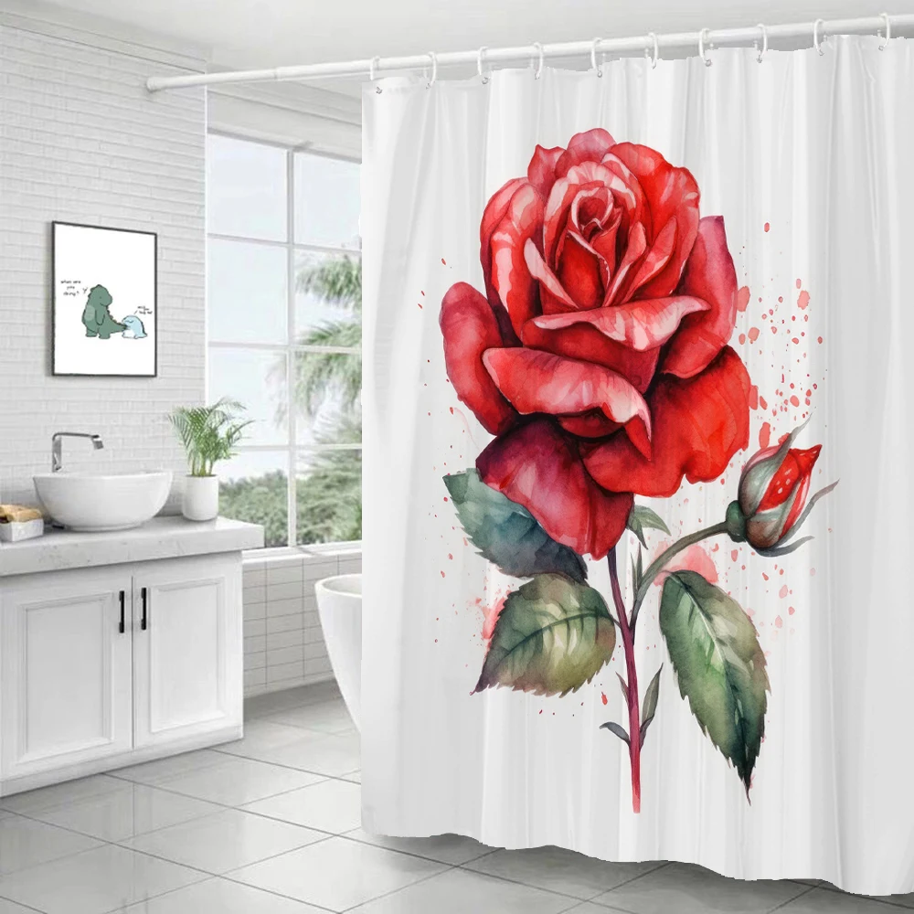 Purple Hydrangea Flower White Shower Curtain Landscape 3D Green Plant Waterproof Polyester Bathroom Curtains Bath Screen Decor