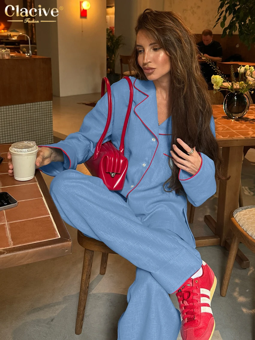 Clacive Mode Lose Blaue Baumwolle frauen Zwei Stücke Set 2025, Elegantes Langarm-shirt Mit Hoher Taille Breite Hosen set Weibliche