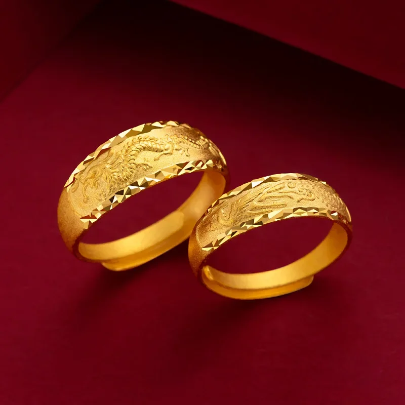 9999 real gold 24K yellow gold Dragon and Phoenix Couple Ring Couple Retro Dragon and Phoenix Couple Ring