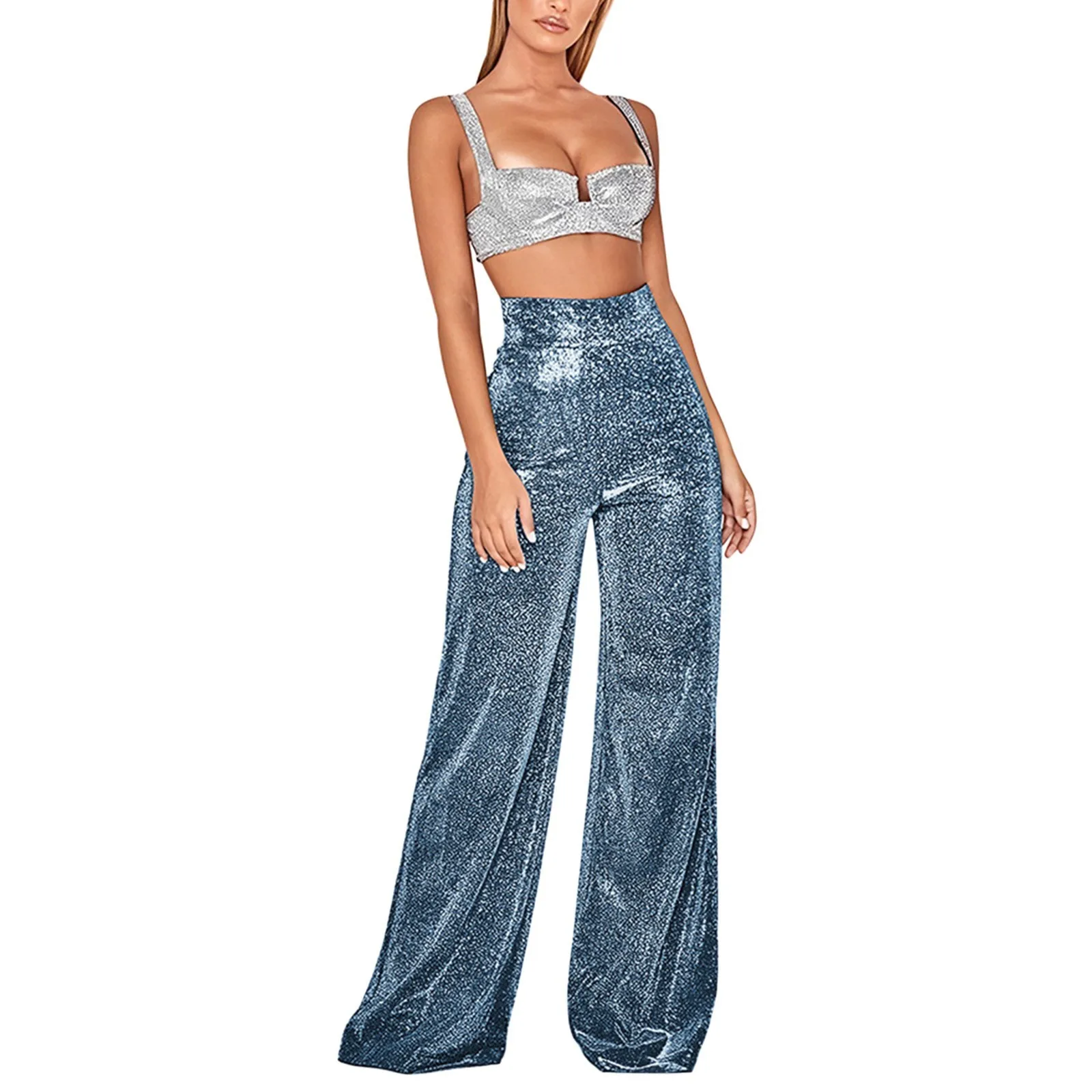 Women\'s Fashion Shiny Sequin Pants High Waisted Draped Palazzo Trousers Zip Wide Leg Flared Pants Party Night Club Wear Pants