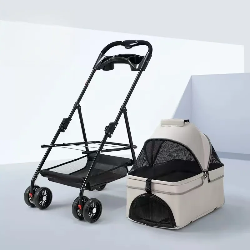 Faltbarer Haustierkinderwagen, 4 Räder mit 360° ° Mit Bremse, mit Aufbewahrungskorb und Getränkehalter, leichter Reise-Kinderwagen für kleine und mittelgroße Hunde und Katzen, in den Farben Grau/Schwarz/Blau/Rosa/Grün. – Detail 3