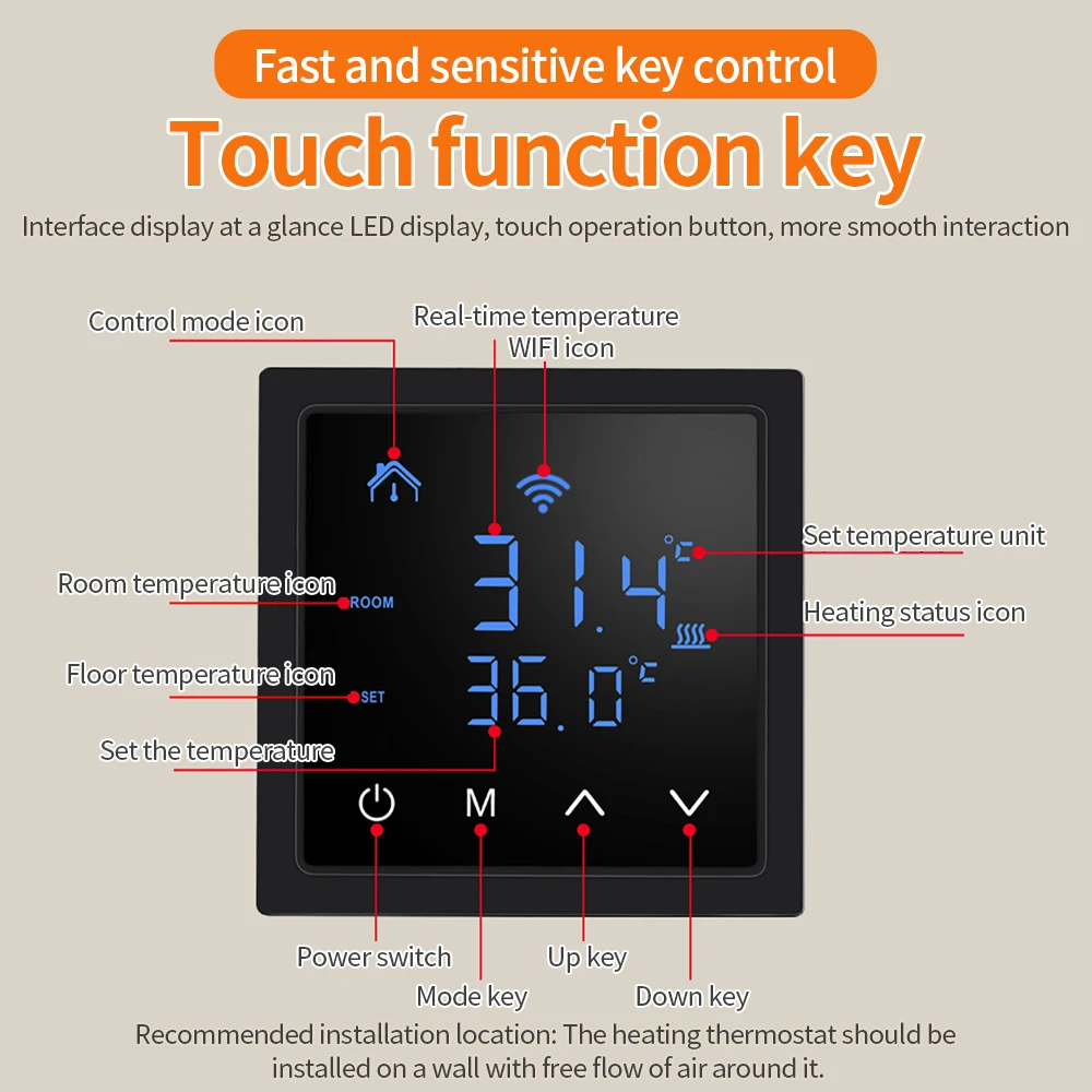 WiFi Smart Thermostat 16A Electric Heating Controller LED Touch Screen Floor Home Temperature Controller with APP Remote Control