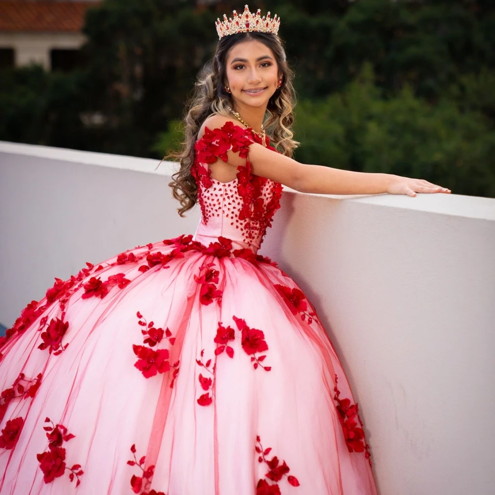 Red Appliques 3D Flower Quinceanrra Prom Dresses Glitter Sequins Pearls Princess Customized Charming Sweet 16 Dress Vestidos