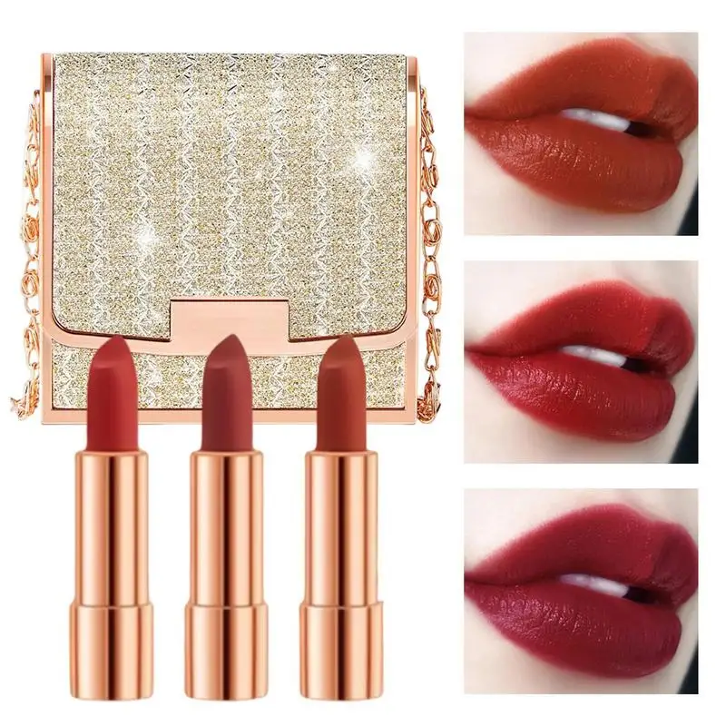 Matte Lipstick Set 3Colors Nude Lip Stick Makeup Kit With Chain Bag Long Lasting Waterproof Velvet Lip Sticks Pigmented Lip Gift