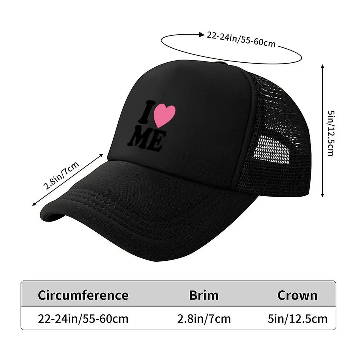 I Love Me Pink Heart Self Love Typography Mesh Baseball Cap Hip Hop Dad Hat For Womens Unisex Female