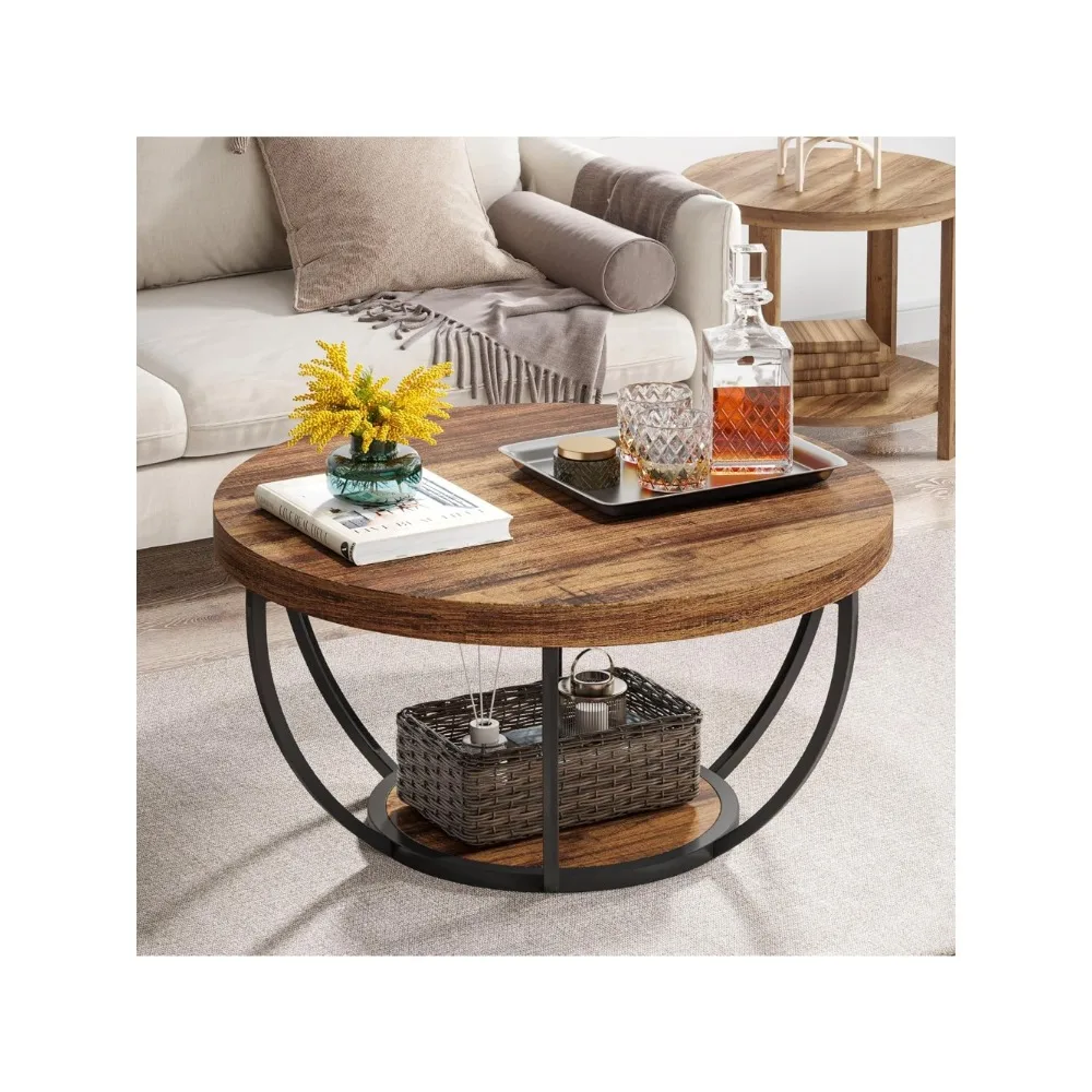 

Round Coffee Table, Industrial 2-Tier Circle Coffee Table with Storage Shelves, Modern 31.7" Wooden Accent Center Table