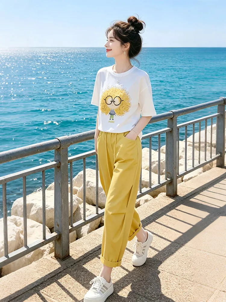 

Summer New Loose Feeling Printed Short Sleeve T-Shirt And Casual Pants Women's Fashion Set Breathable Comfortable Universal Fit