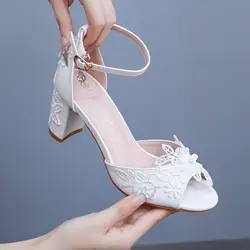 Crystal Queen 7CM White Lace Pearl Ribbon Square Heel High Heels Women Open Toe Sandals Banquet Dress Wedding Shoes