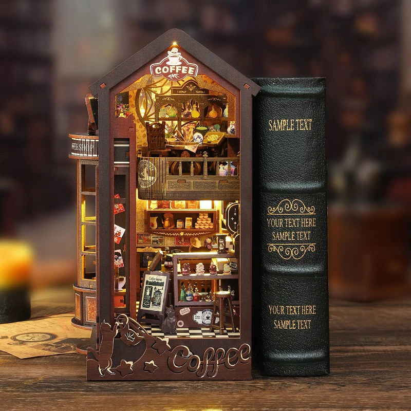 DIY Book Nook Plank Insert Kits Magic Coffee Shop Boekenplank Houten Miniatuur Model Kit Handgemaakte Boekensteun voor Vriend Verjaardagscadeau