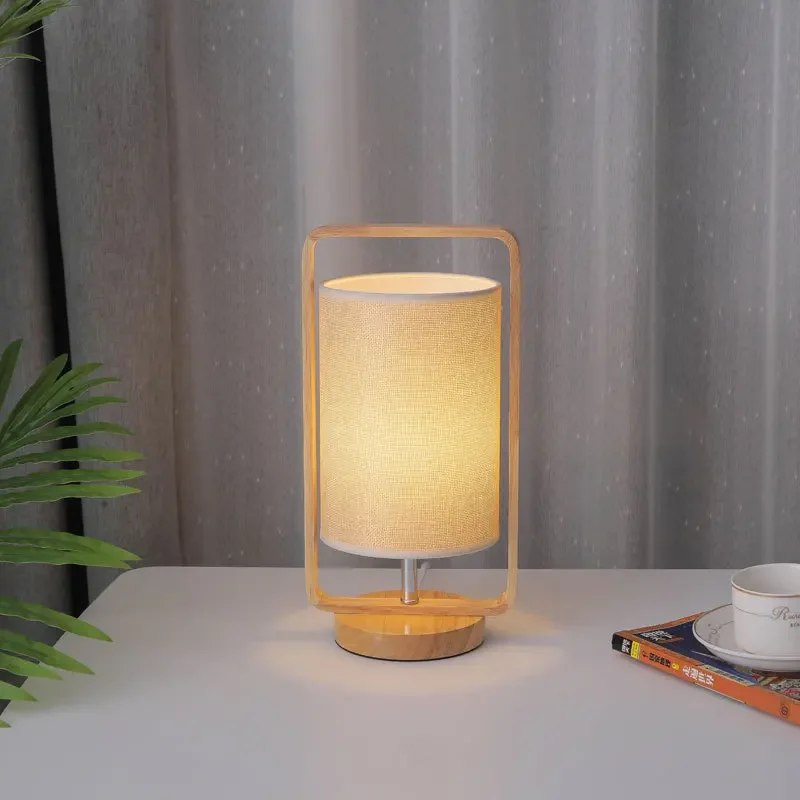 Agradável led lâmpada de mesa de madeira maciça pano abajur luzes da noite quarto candeeiros de mesa