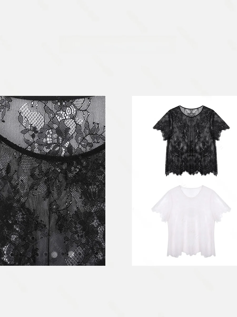 

Женская элегантная футболка AW Wang Na Na с черно-белым кружевом, вырезами, круглым вырезом горловины, свободного кроя, с защитой от УФ-излучения, с коротким рукавом