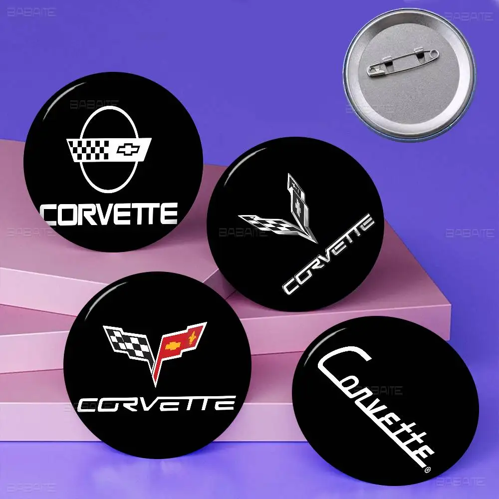 C-Corvette Racing Sign Creative Pins Funny Round Snap-in Brooch Badge Backpack Hat Accessories Jewelry Gifts for Friend