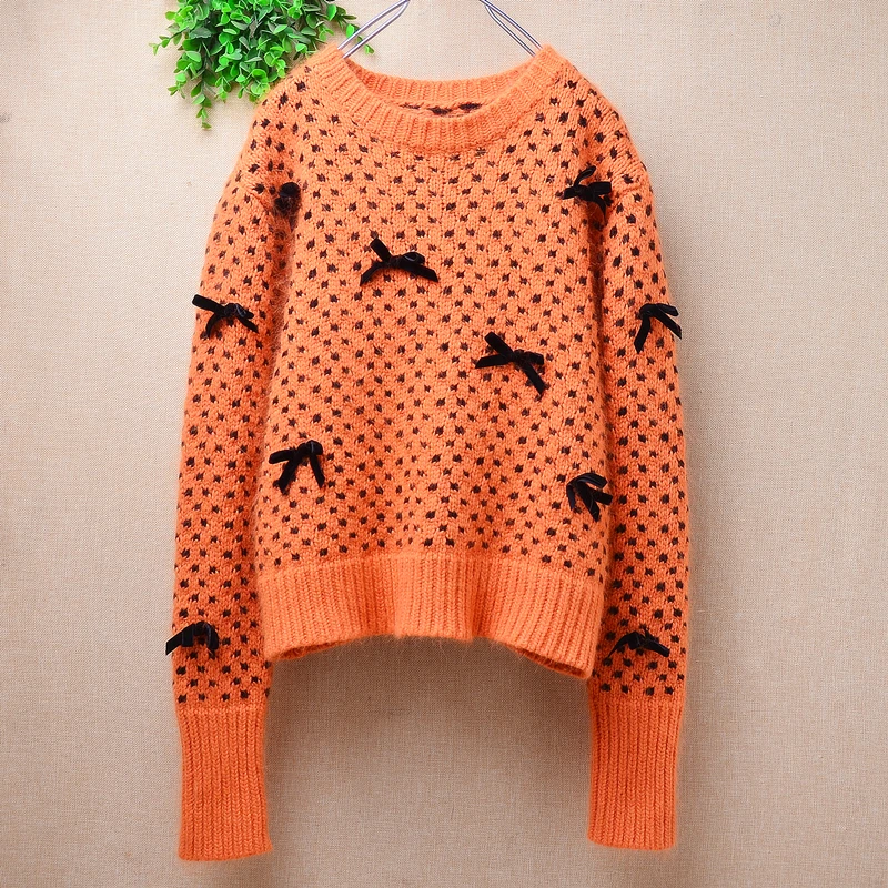 

Ladies Women Autumn Winter Hairy Bowtie Hairy Angora Rabbit Hair Knitted O-Neck Short Style Slim Blouses Pullover Sweater Jumper