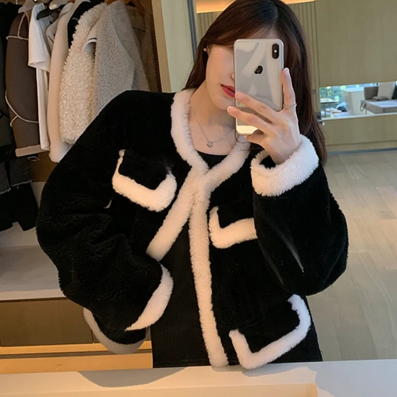 Coats and Jackets Women Furry Cropped Puffer Jacket Lamb Wool Coat Women Black Granular Fleece Imitation Sheep Shearing Elegant