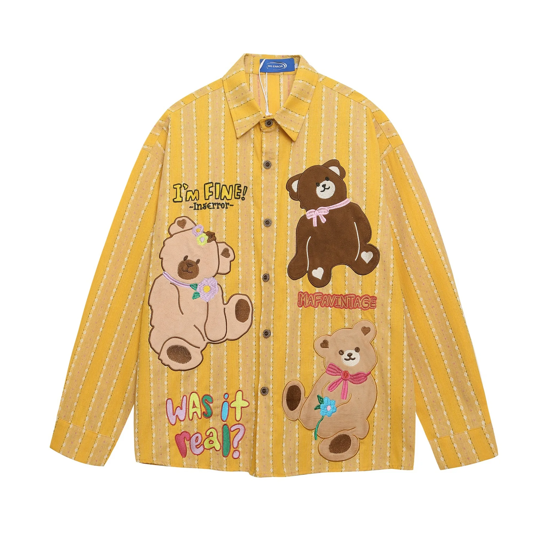2025 Early Autumn Japanese Retro Fun Cute Bear Embroidery Green Striped Loose Long Sleeve Shirt Top Womens Tops