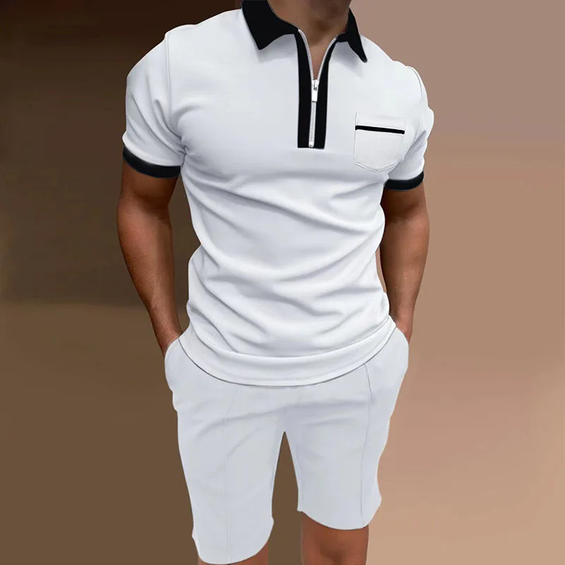 

New summer trend men's button-down fitted zipper polo shirt and shorts - casual, comfortable and breathable sports outfit