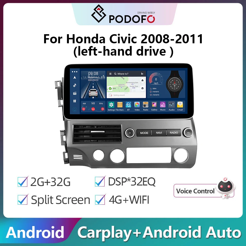 

Podofo 12.3" For Honda Civic 2008-2011 4+64G Android Car Radio Multimidia Video Player GPS Navigation Carplay Stereo 4G WIFI