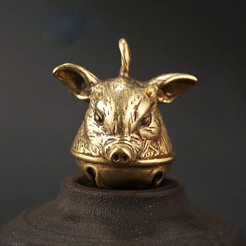 

Brass Zodiac Pig Bell Keychain Pendant DIY Boar Head Bell Keyring Hanging Craft