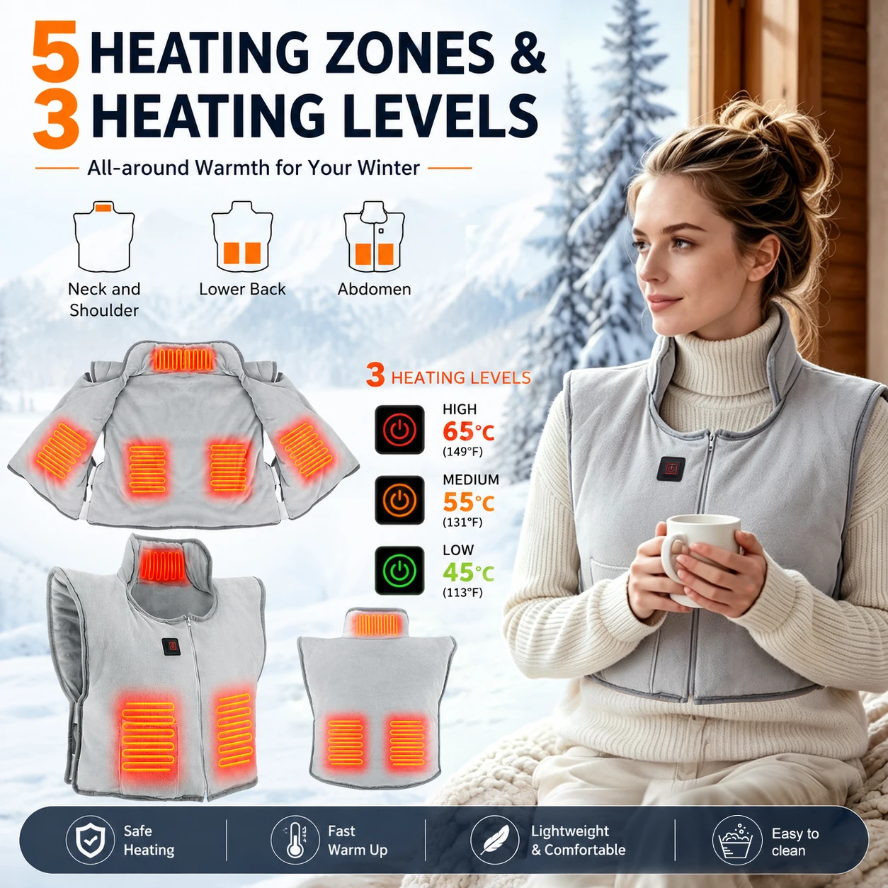 Wearable Body Warmer Heated Vest with 5 Zone Heating, 3 Level USB Warming Coat Super Soft for Winter Outdoor Daily Wear, Gray