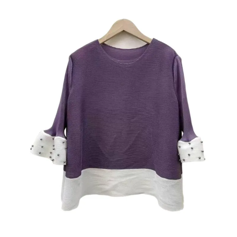 T-shirt Long Sve avec perles de couleur pliée, pantalon ample à jambes larges, vêtements d'extérieur simples, taille haute, automne