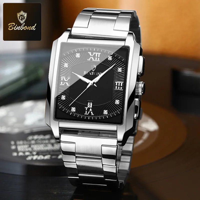 Binbond-メンズスクエアデザインのクォーツ時計,ステンレススチール,防水,スポーツ,ビジネス,ブランド,ラグジュアリー,高品質