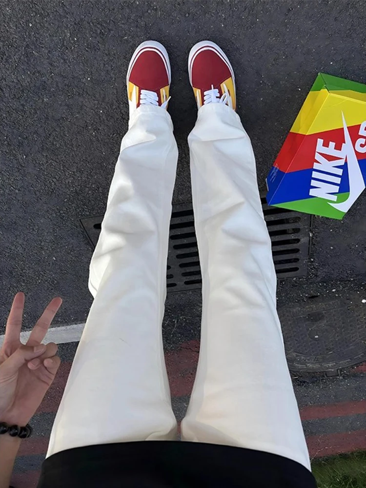 

White Straight Leg Men's Jeans American High Street Vibe CleanFit Slimming Flared Long Trousers mid Waist Zipper Cotton Polye...