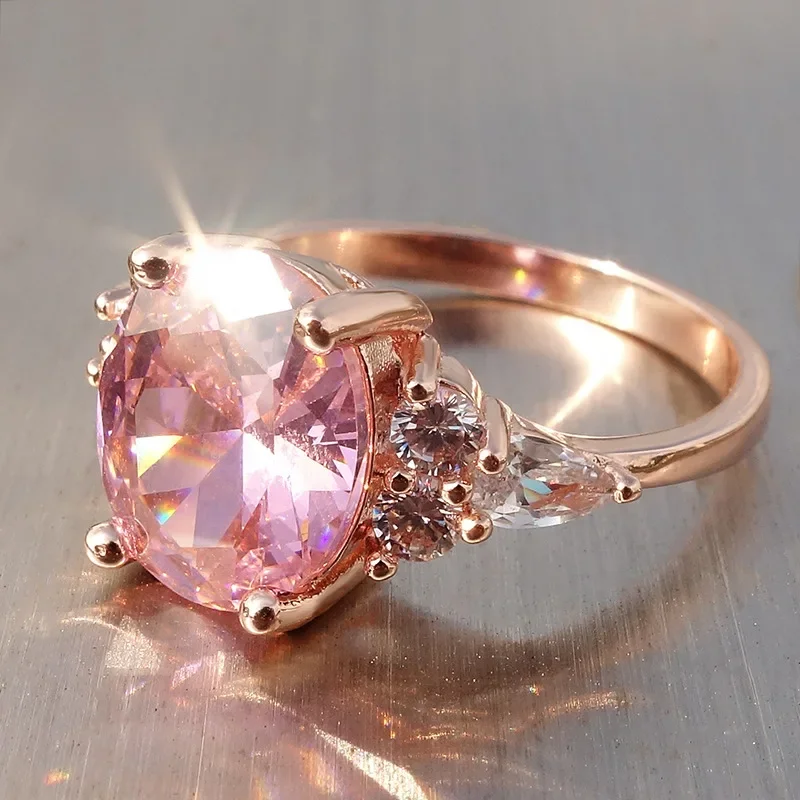 Big Oval Stone Pink Zircon Ring Female Luxury Crystal Engagement Rings For Women Vintage Rose Gold Silver Color Wedding Jewelry image 4