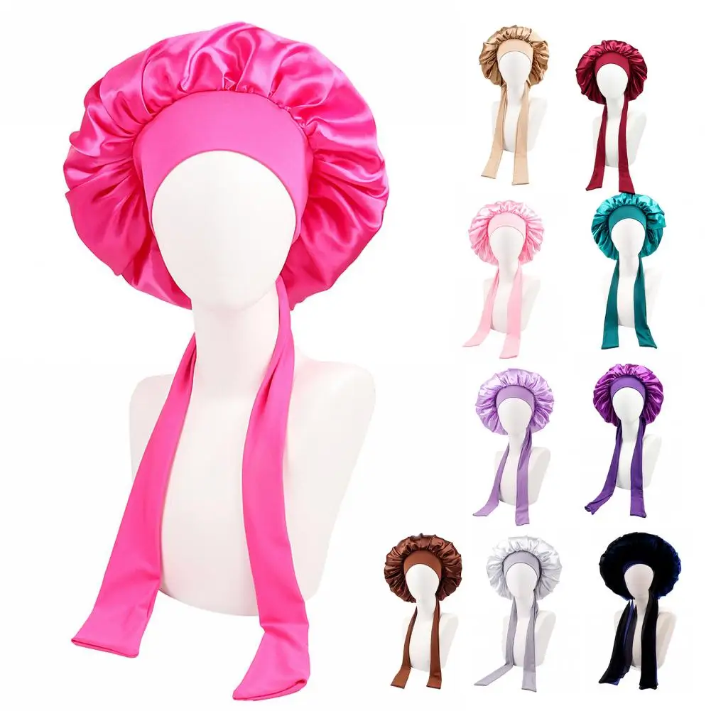 Adjustable Strap Shower Cap Satin Bonnet with Lace-up Bow for Women Waterproof Shower Cap for Braids Curls High for Beauty