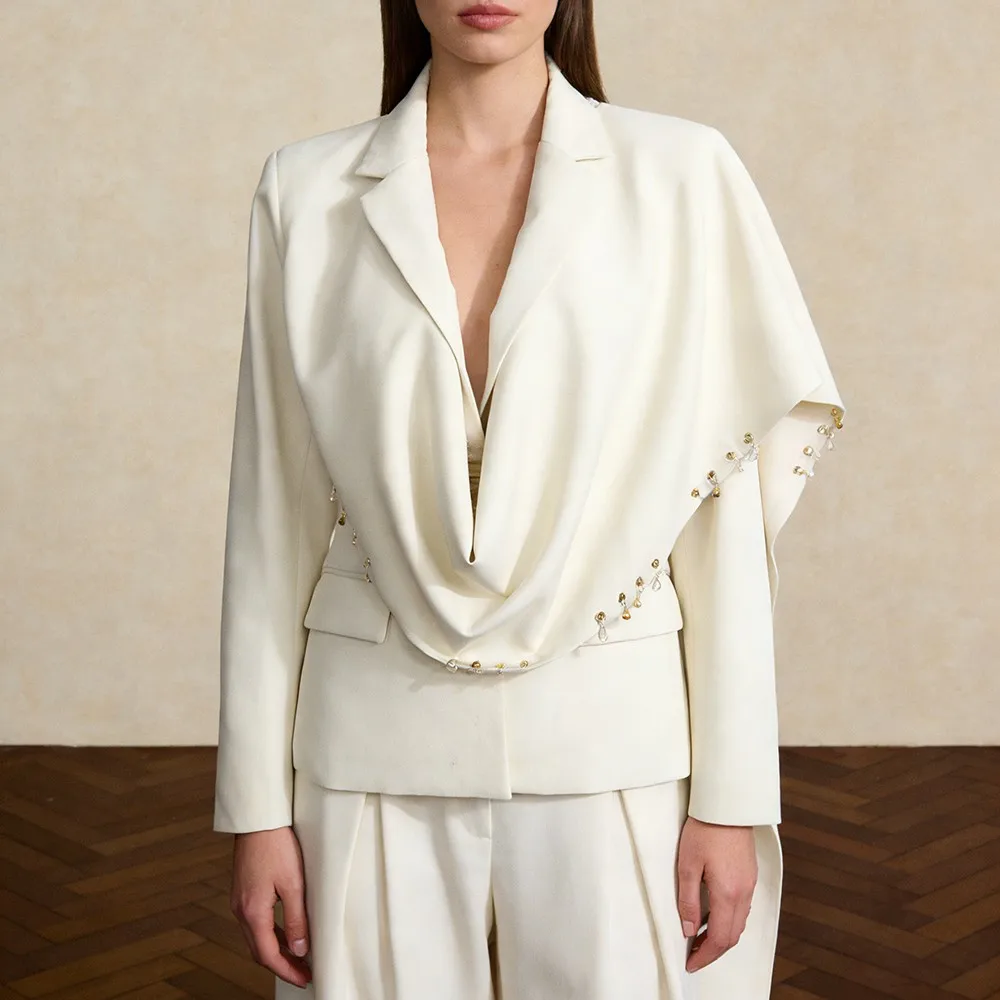 TWOTWINSTYLE Apricot Spliced Folds Chic Jacket Female Lapel Long Sleeve Loose Elegant Luxury Women's Jackets Autumn Fashion New