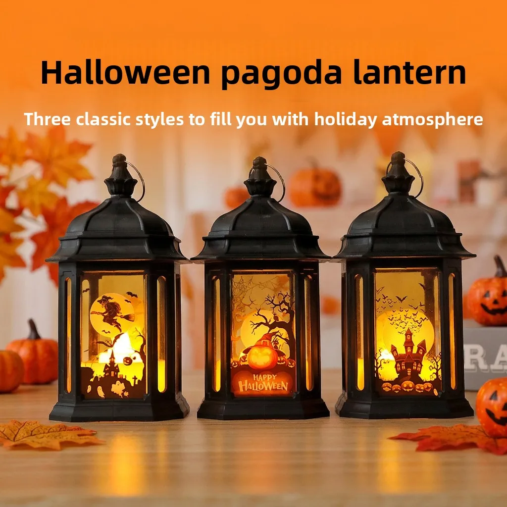 Halloween Handheld Wind Lantern Black Vintage Pavilion Design Realistic LED Fake Candle Light Indoor Party Decor Ornament Prop