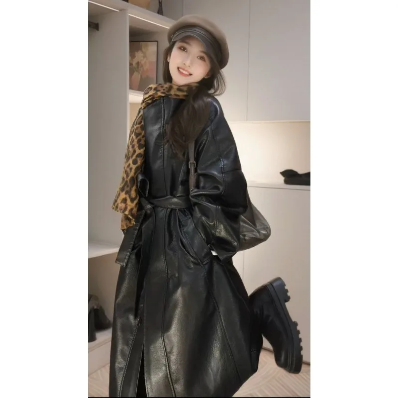 

Осенне-зимняя новая кожаная куртка, женское длинное темпераментное пальто, тонкое модное ретро-иноземное пальто, дорожная куртка, плащ
