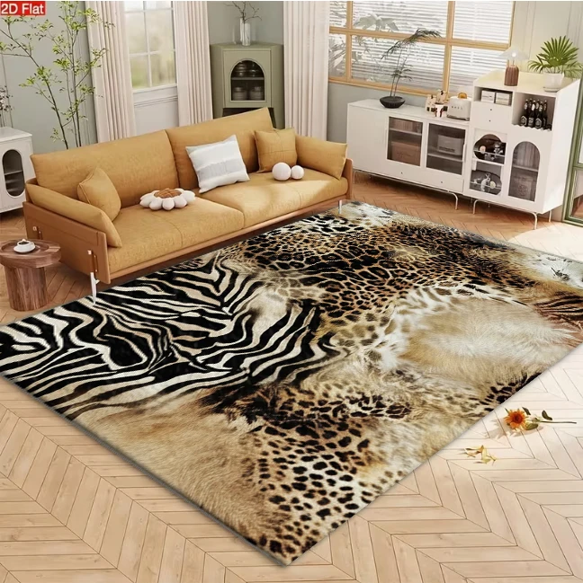 Wild Animal Print Zebra Leopard Fur Carpet Flooring Retro Safari Style Square Area Rug Home Living Room Decor