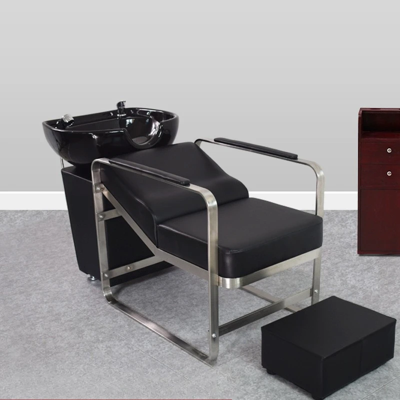 Stainless steel shampoo bed semi-reclining flush bed hairdresser barber shop hair salon special with foot pedal