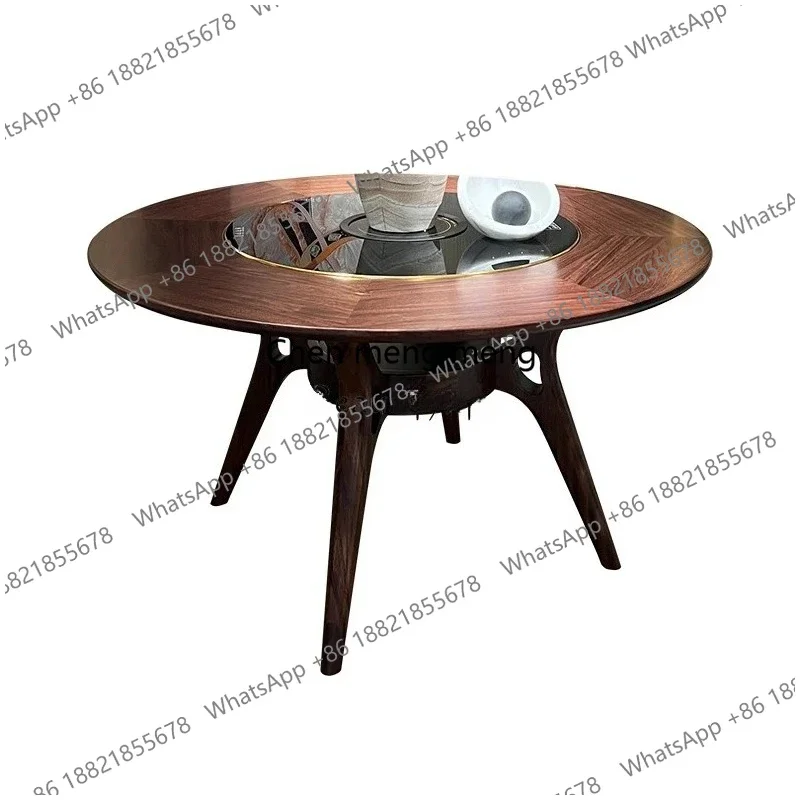 X188 Ebony solid wood induction cooker round dining table electric heating new Chinese simple luxury home