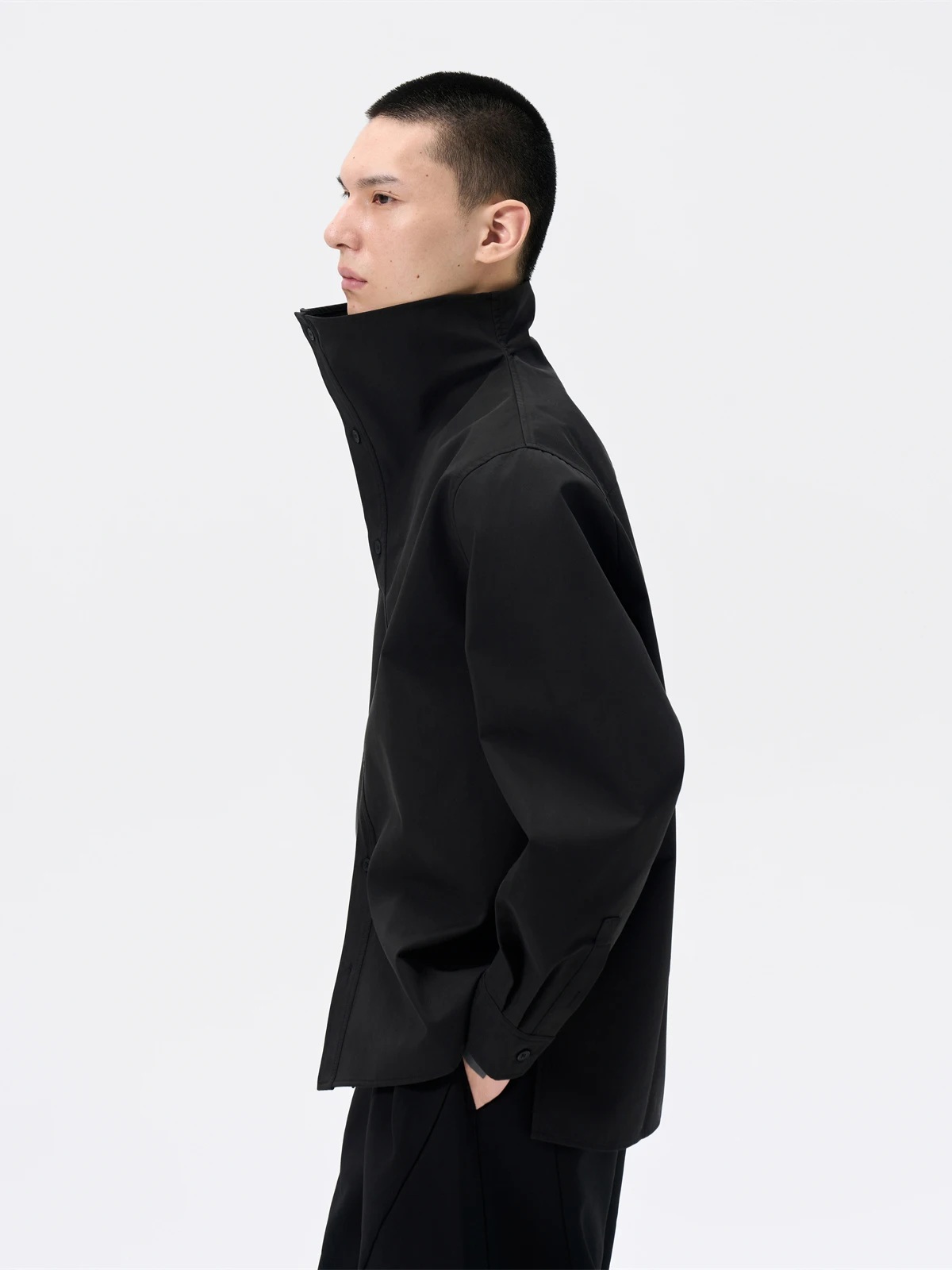 

Loose Long Sleeve Shirt Black Stand Collar Outerwear Dark Pioneer Simple Style Men's Cotton Polyester Blend Sun Protection