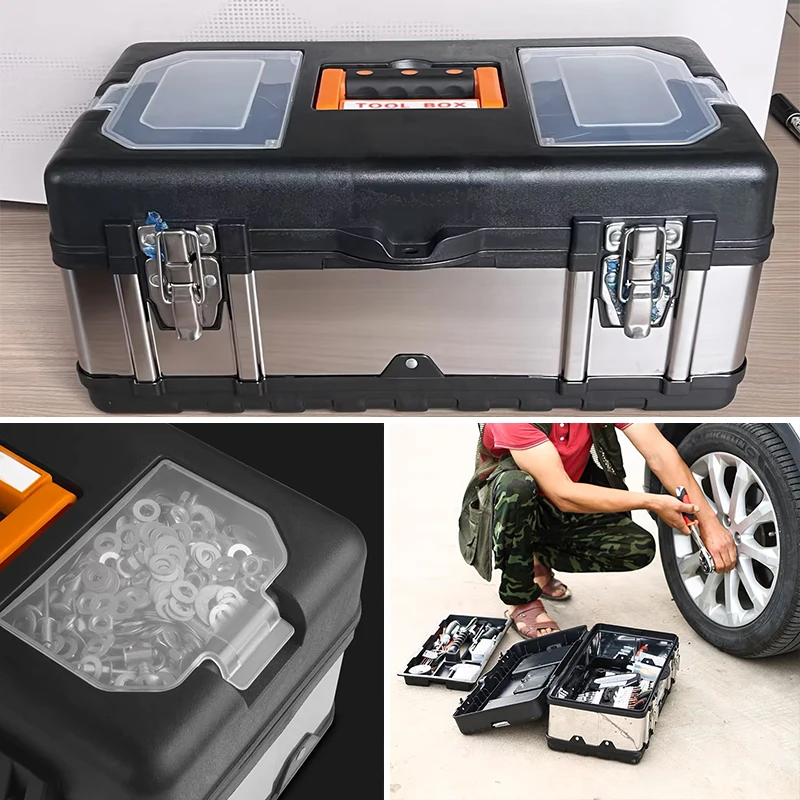 14/17 Zoll Werkzeugkasten Doppelschicht Hardware Aufbewahrung ToolBox Edelstahl Werkzeugkasten Metall Werkzeugeimer Tragbarer Werkzeugkasten Organizer