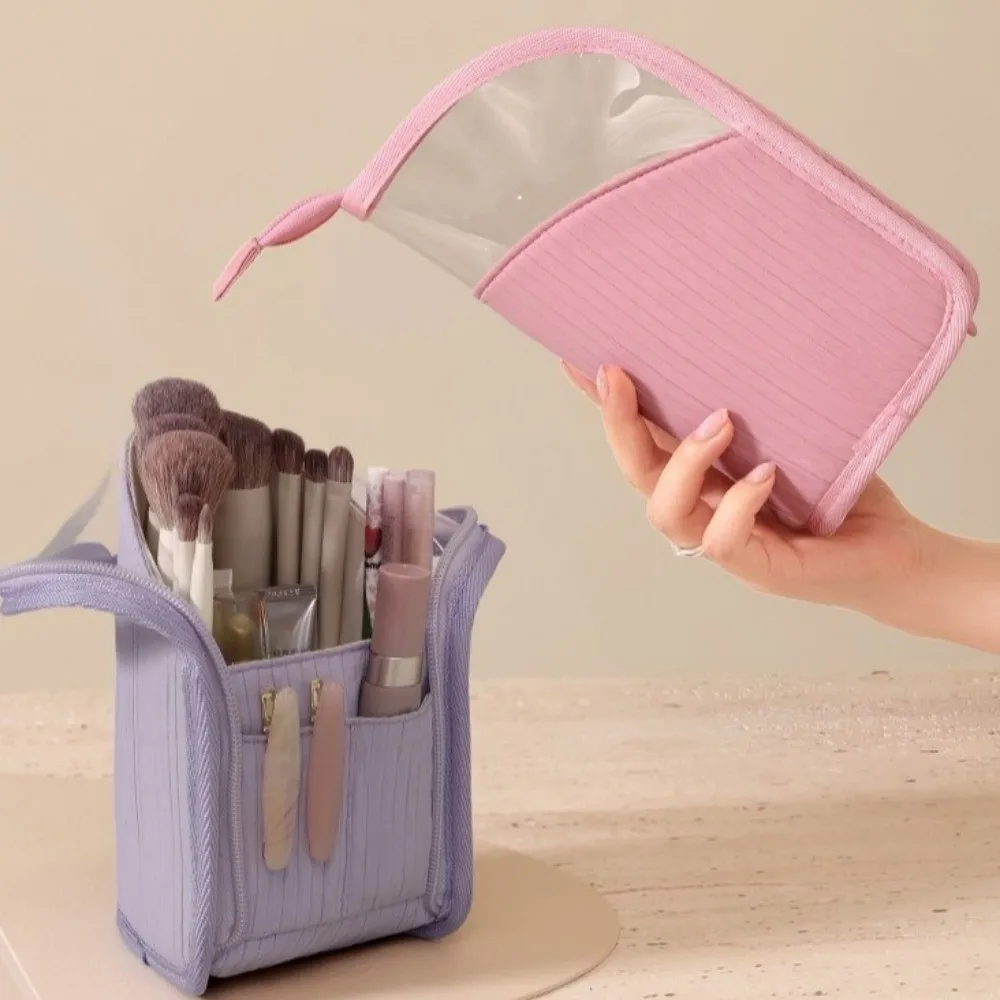 Large Capacity Vertical Cosmetic Bag Waterproof Portable Makeup Brush Case Standing Visible Travel Storage Pouch Women