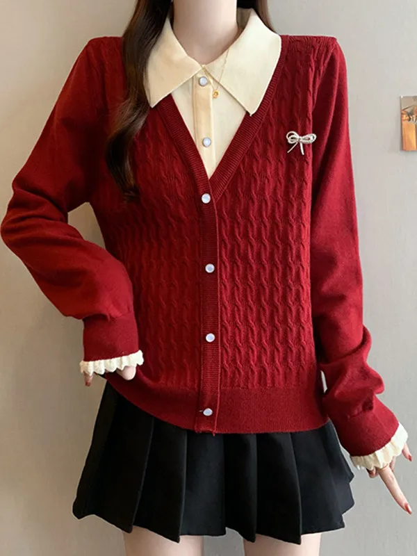 

plus Size Knitted Sweater with Doll Collar Loose Fit Belly Concealing Color Blo Top for Women Autumn Winter Faion