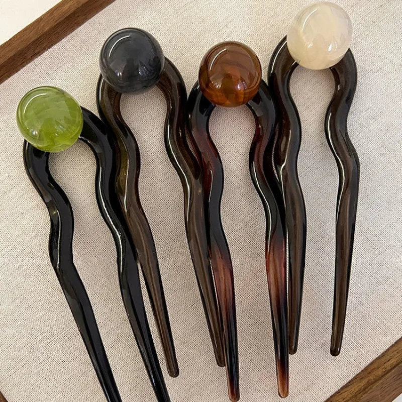 Fashion U-Shaped Hairpin Hair Fork Trendy Acrylic Bead Material Hair Clip for Women Girls Retro Jewelry Hair Accessories