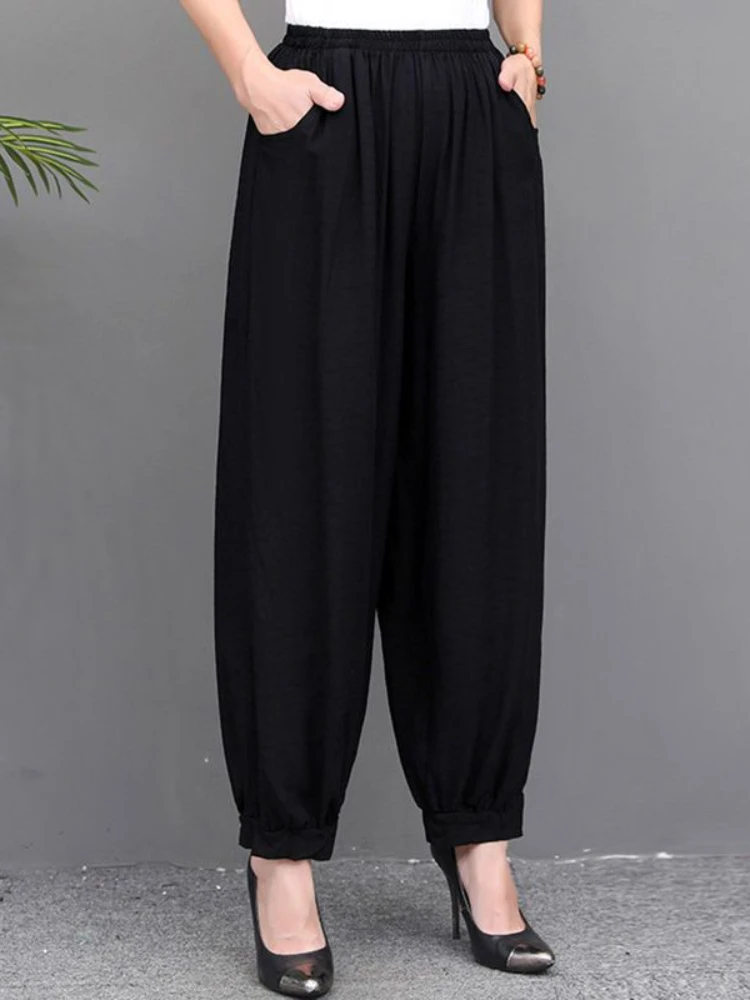 

Spring Summer Solid Bloomers Pants Big Size All-match Elastic Band High Waist Loose Women Fashion Casual Wide Leg Trousers N118