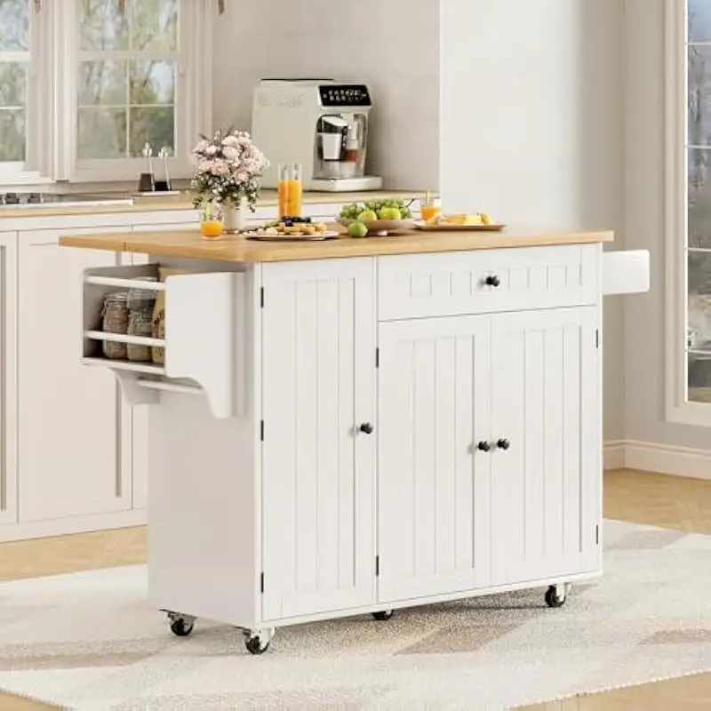 Rolling Kitchen Island Table with Foldable Leaf Extension Solid Wood Construction 2 Cabinets 1 Drawer 5 Locking Casters Scratch-