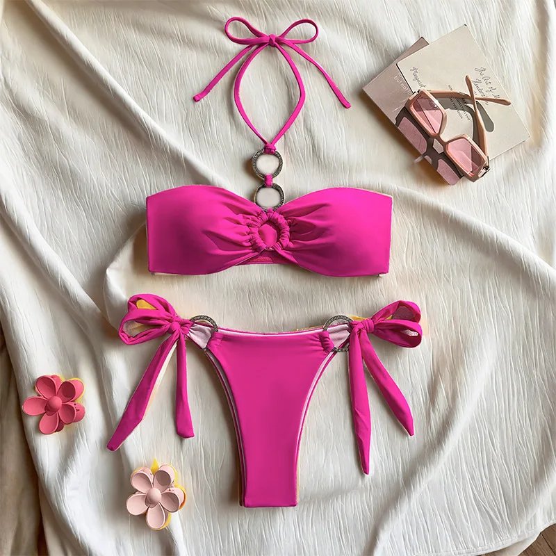 Women Sexy Solid Halter Tie Ring Bandeau Bikini Sets High Cut Two Piece Swimwear Low Waist Swimsuit Beachwear