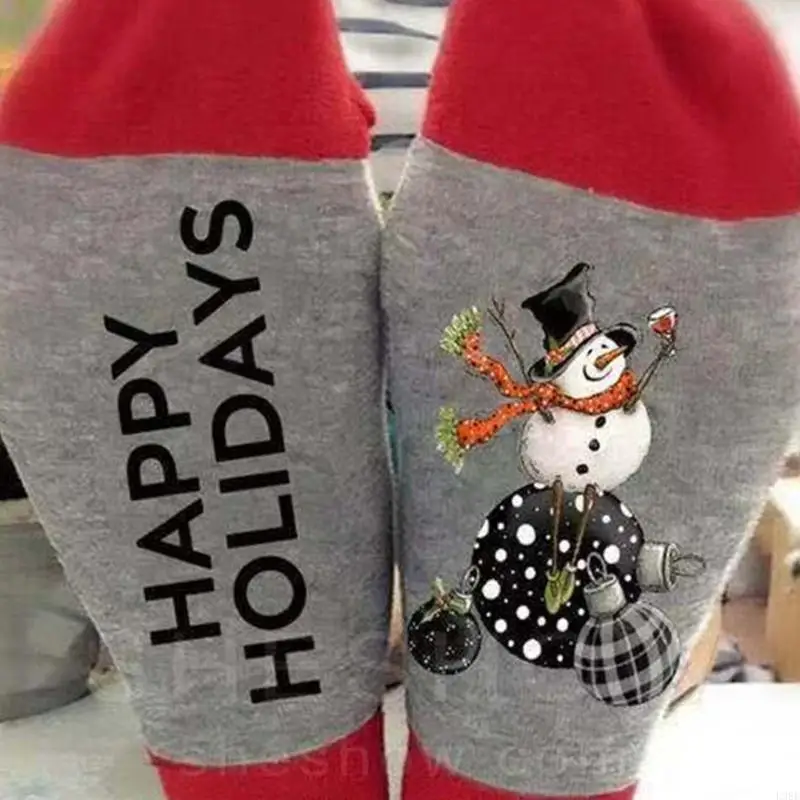 L38E Funny Happy Holiday Snowman Printed Christmas Cotton Socks Gifts for Women Men