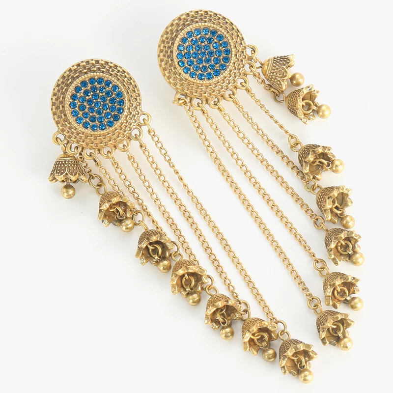 ต่างหูขนาดใหญ่ สไตล์วินเทจ ประดับคริสตัลสีน้ำเงินรูปดอกไม้ พร้อมพู่ห้อย ดีไซน์หรูหรา แบรนด์ดีไซเนอร์ สีทอง เหมาะสำหรับงานแต่งงาน งานปาร์ตี้ รุ่นใหม่ ปี 2025